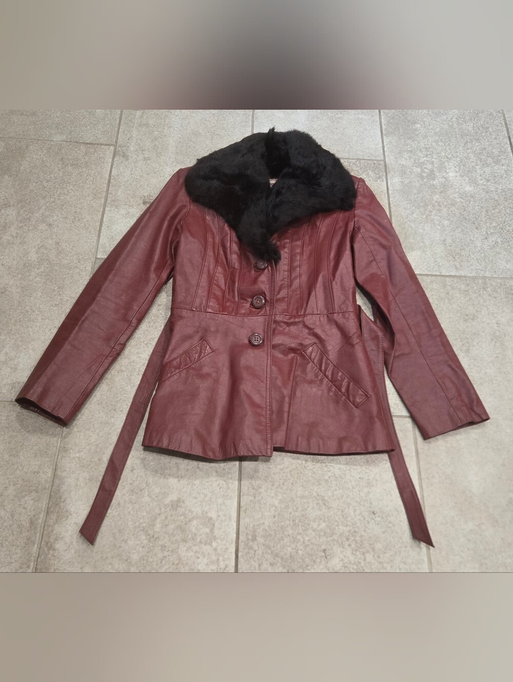 VTG 70s Foxmoor Burgundy Leather Jacket Fur Collar Belted Penny Lane Boho 7/8